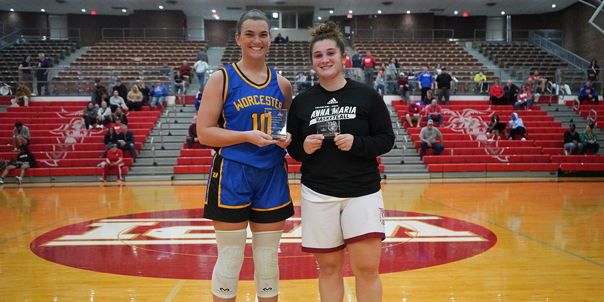 Junior guard Gina Parmenter (Oxford, MA) w/ WSU's Katie Hurynowicz on the Worcester City Tournament All-Tournament Team
